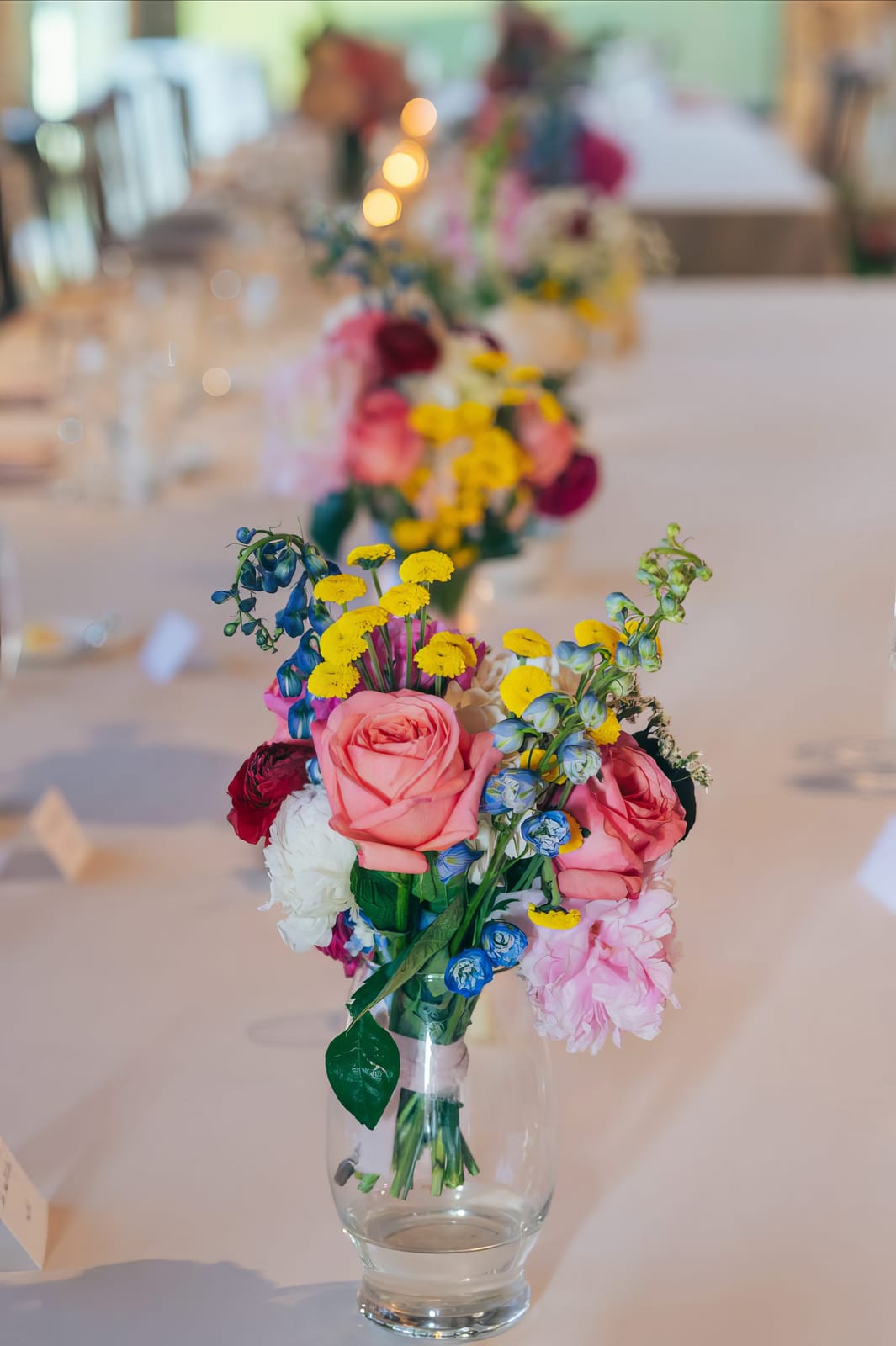 A floral centerpiece on the reception table